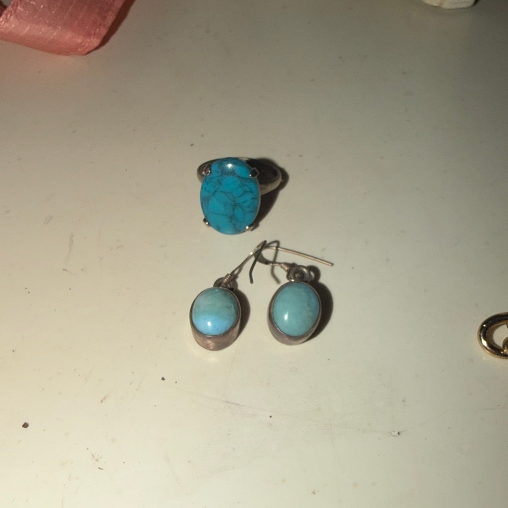 Turquoise Stone Ring and Earrings Set